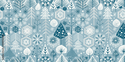 A whimsical winter pattern featuring blue and white geometric trees, snowflakes, and foliage.
