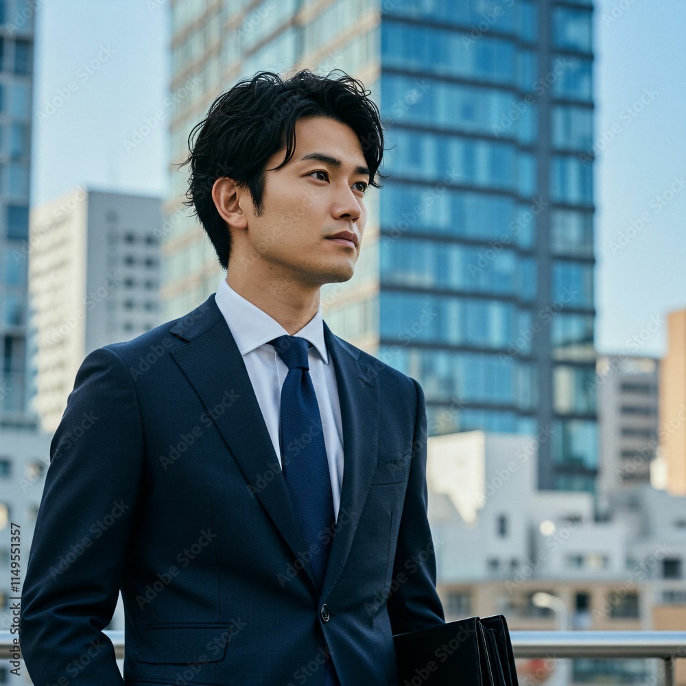 Confident Young Male Executive Holding Briefcase with Modern Skyscrapers in the Background Confident Young Male Executive Holding Briefcase with Modern Skyscrapers in the Background