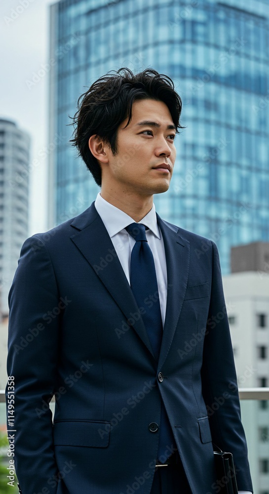 Confident Young Male Executive Holding Briefcase with Modern Skyscrapers in the Background Confident Young Male Executive Holding Briefcase with Modern Skyscrapers in the Background