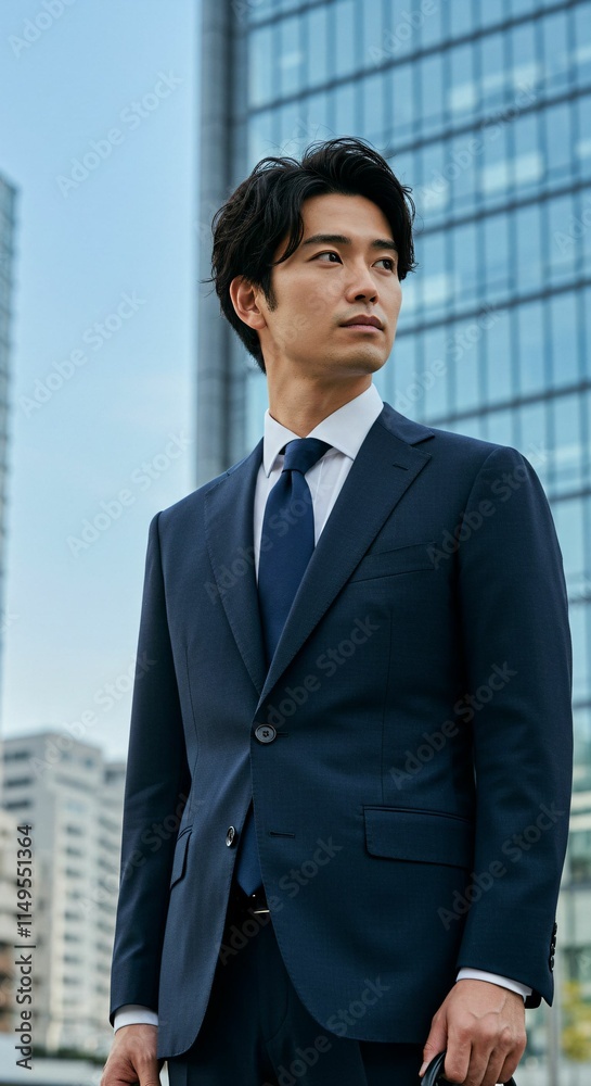 Confident Young Male Executive Holding Briefcase with Modern Skyscrapers in the Background Confident Young Male Executive Holding Briefcase with Modern Skyscrapers in the Background
