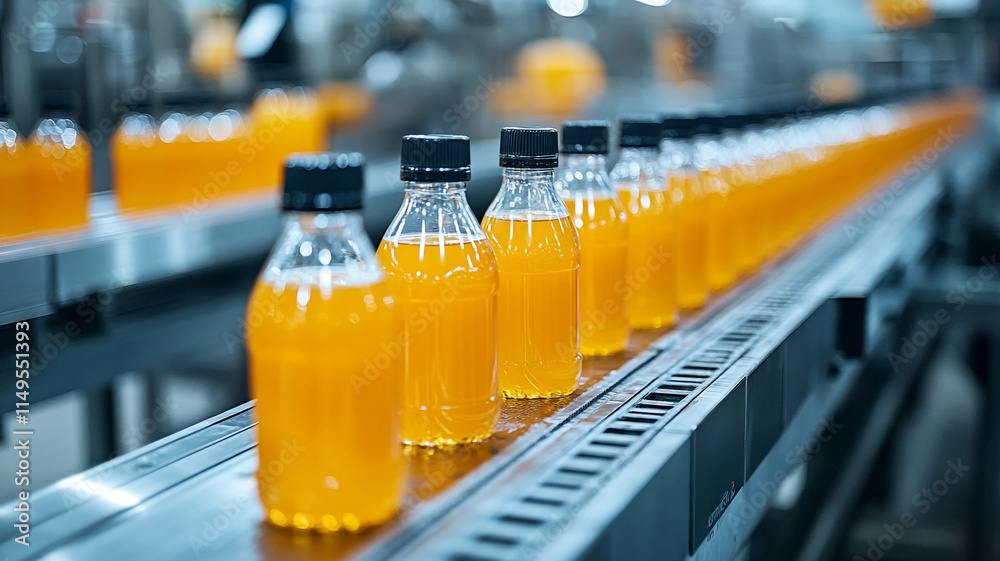 Orange beverage bottles on production line in a factory during daytime. 