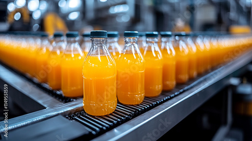 Bottles of orange juice on conveyor belt in a modern beverage factory. 