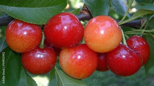 Fresh Cherries on Branch with Green Leaves