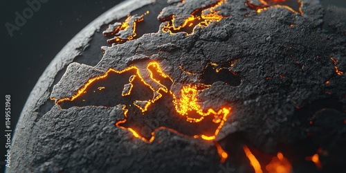 A dark, stylized globe with glowing lava-like outlines representing continents, emphasizing a dramatic and otherworldly atmosphere. photo