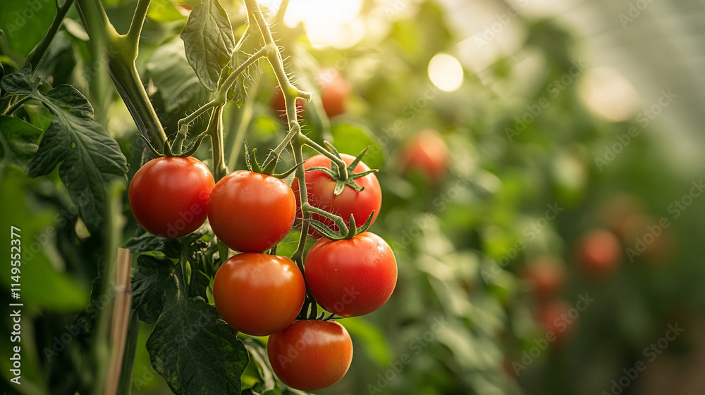 Fresh tomatoes growing in a greenhouse during the late afternoon light. Fresh tomatoes growing in a greenhouse during the late afternoon light.