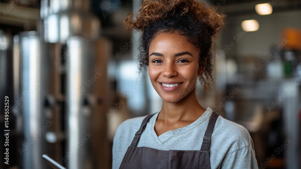 Young woman smiling while working in a modern cafe kitchen setting. 