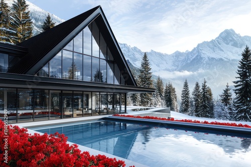 Modern hotel with glass windows, black roof, and a snowy backdrop, accented by red flowers.