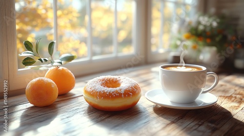 Wallpaper Mural Sunny autumn morning coffee and donut on windowsill. Torontodigital.ca