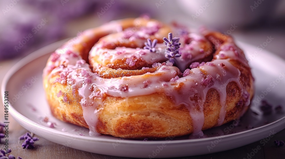 Close-up of a delicious lavender cinnamon roll with icing on a plate. Close-up of a delicious lavender cinnamon roll with icing on a plate.