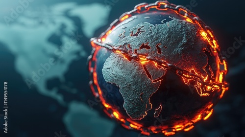 Wallpaper Mural A glowing, chained globe represents the struggle against global issues, highlighting themes of confinement, environmental challenges, and interconnectedness. Torontodigital.ca