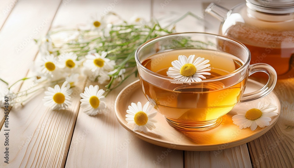 Arrangement featuring hot chamomile tea on a light wooden table. drink, tea cup Arrangement featuring hot chamomile tea on a light wooden table. drink, tea cup