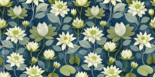 Elegant floral pattern featuring white water lilies on a dark blue background.