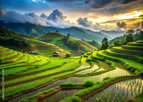 Rice Terrace Seedlings Transplant, Ban Pa Bong Piang, Chiang Mai, Thailand - Lush Green Paddy Fields photo