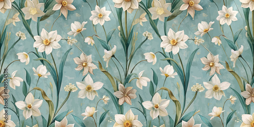 A beautiful floral pattern featuring white and cream daffodils on a soft teal background.