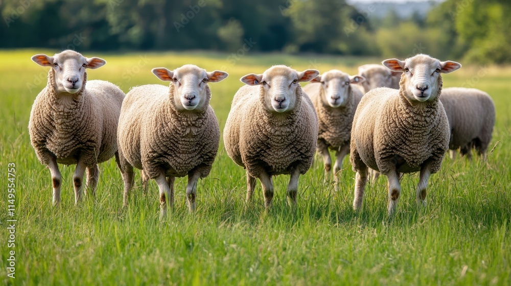 Idyllic countryside scene with grazing sheep in a lush green meadow National Ram Day Idyllic countryside scene with grazing sheep in a lush green meadow National Ram Day