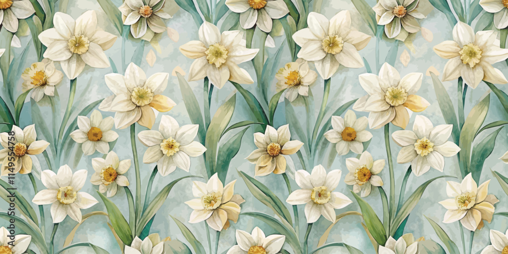 A beautiful floral pattern featuring delicate white daffodils and yellow blossoms against a soft blue background.