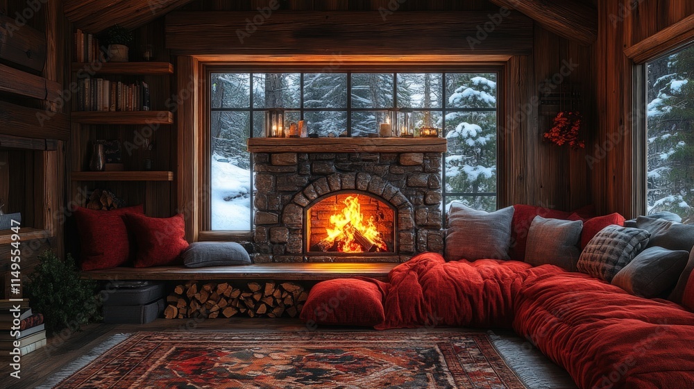 Fototapeta premium Cozy cabin, fire crackling, snowy view.