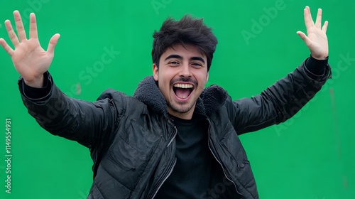 Happy Young Man Waving, Green Screen Background