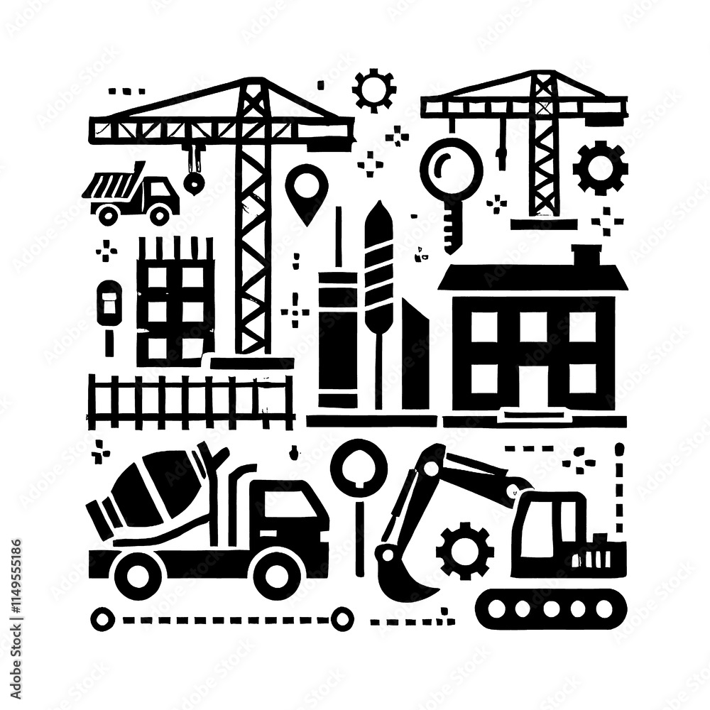 Naklejka premium illustration, vector, icon, icon art, image, art, art design, wallpaper, construction, construction black and white