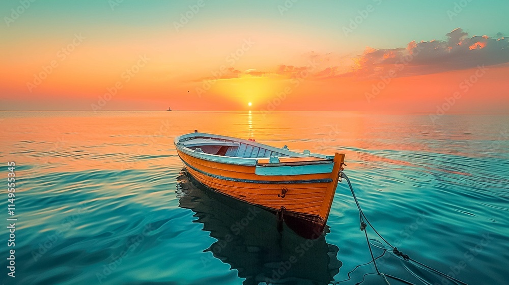 Serene Sunset Seascape with Wooden fishing Boat on Calm Waters Serene Sunset Seascape with Wooden fishing Boat on Calm Waters
