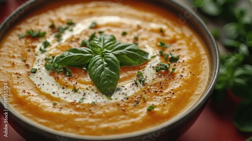 Creamy carrot soup garnished with basil and cream in a bowl.