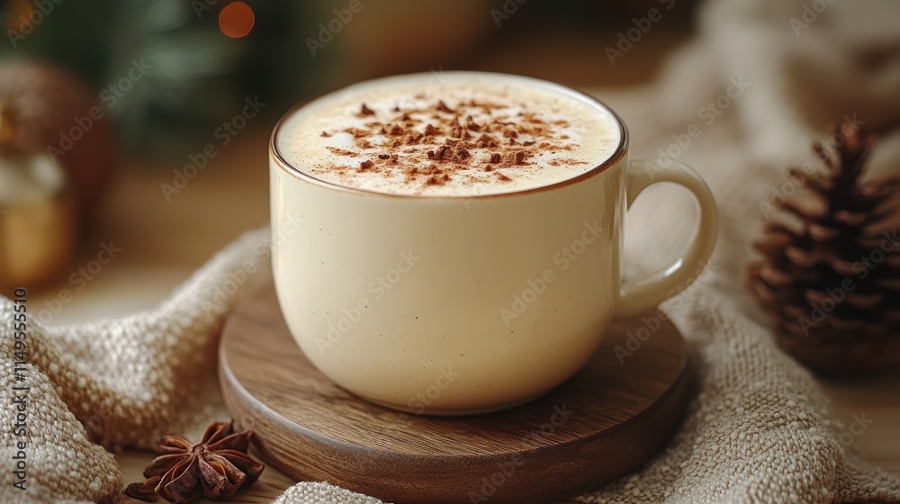 Creamy latte topped with cocoa powder in a beige mug on wooden coaster. Creamy latte topped with cocoa powder in a beige mug on wooden coaster.
