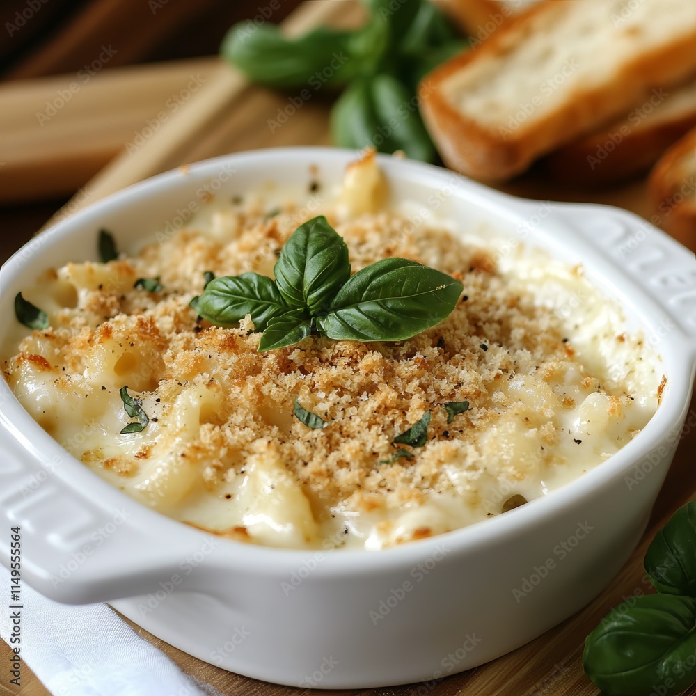 A classic and creamy mac and cheese with a crispy, golden breadcrumb topping, served in a white ceramic dish A classic and creamy mac and cheese with a crispy, golden breadcrumb topping, served in a white ceramic dish