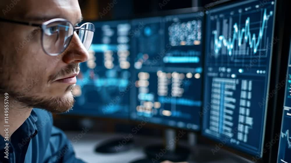 Professional Analyst Working Late with Multiple Computer Screens