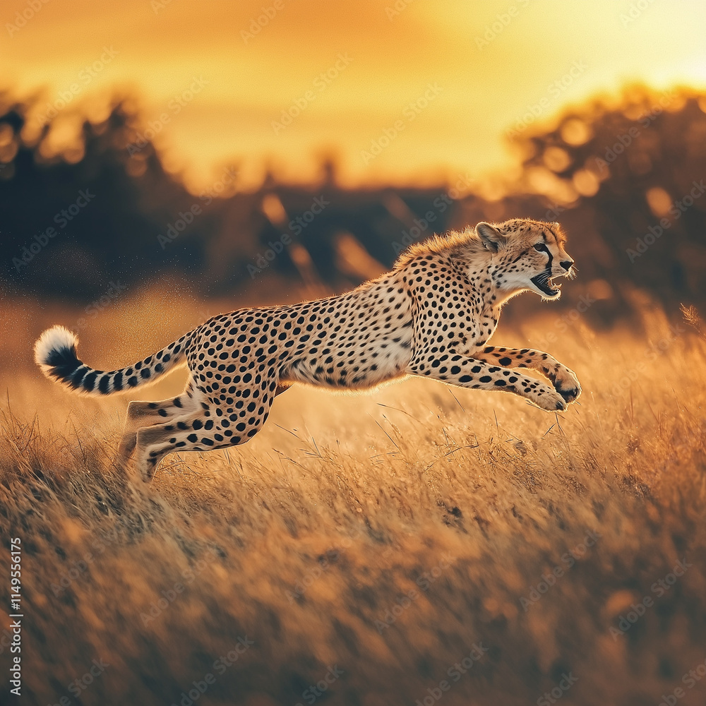 Fototapeta premium Tan Cheetah Sprinting at Sunset in Lush Grasslands