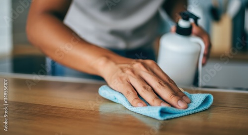 Young asian male cleaning kitchen counter with cloth and spray bottle