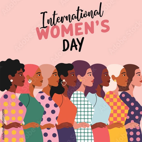 Female diverse faces of different ethnicity poster. Women empowerment movement pattern. International womens day graphic in vector