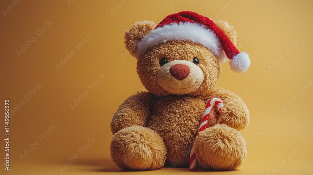 Cute teddy bear in Santa hat holding candy cane. Cute teddy bear in Santa hat holding candy cane.