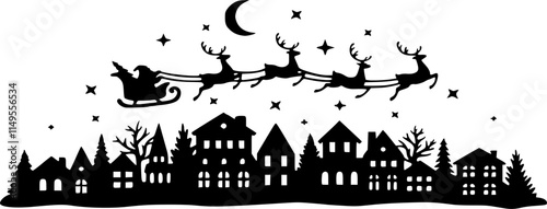 Santa Claus flies in a sleigh with reindeer over the city. Christmas silhouette. Template for laser or paper cutting, printing on T-shirts, mugs. Vector illustration.
