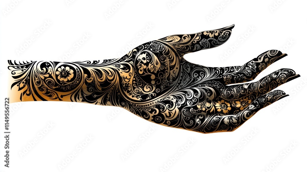 Naklejka premium Ornate hand, black and gold floral tattoo.