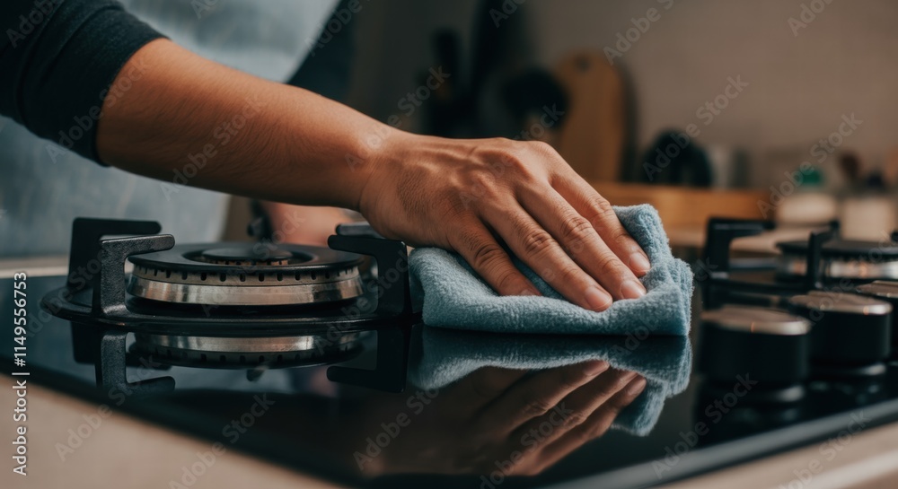 Caucasian adult female cleaning kitchen stove with blue cloth in modern kitchen Caucasian adult female cleaning kitchen stove with blue cloth in modern kitchen
