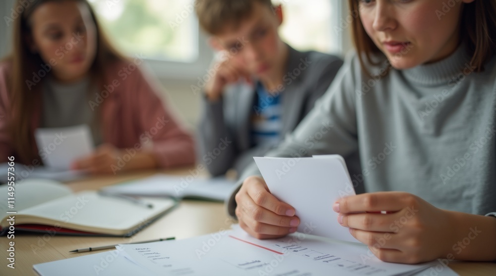 A close-up of a student holding flashcards while studying with a teacher A close-up of a student holding flashcards while studying with a teacher