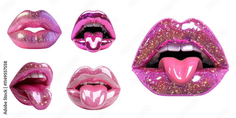 Obraz premium Glossy lips with tongue png cut out element set, transparent background