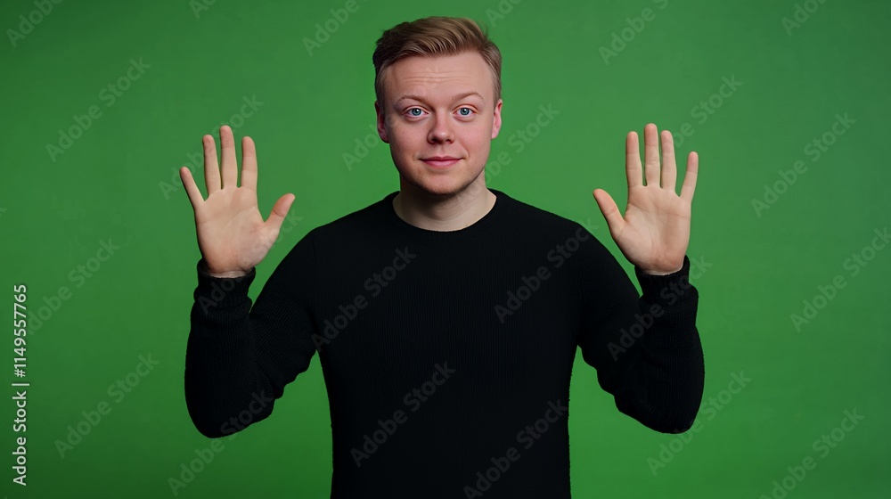 Studio Portrait of a Young Man Showing Both Hands with Five Fingers Spread Against a Green Background Studio Portrait of a Young Man Showing Both Hands with Five Fingers Spread Against a Green Background