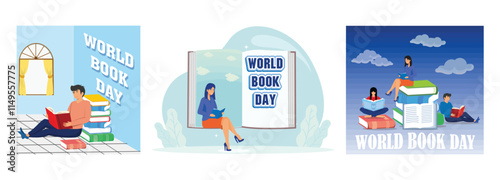 Man Reading a Book. A girl reads a fantasy book against the background of a large book. People Reading and Books. Set flat vector modern illustration