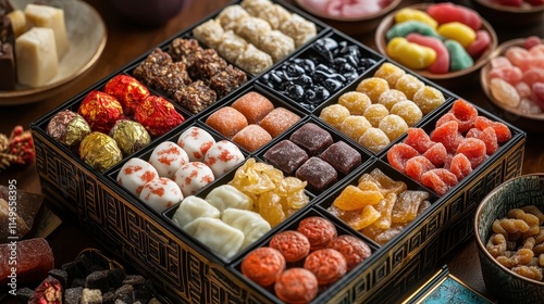 A Luxurious Assortment of Gourmet Candies and Sweets in an Elegant Gift Box photo