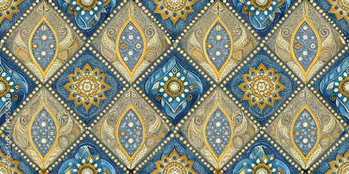 Intricate blue and gold patterned design featuring floral and geometric motifs.