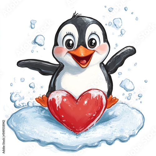 A joyful penguin holding a heart, surrounded by snow, symbolizing love and happiness. photo