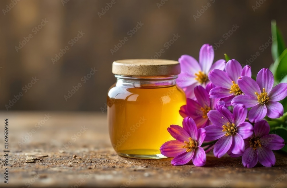 A jar of honey sits atop a weathered wooden table Nearby, a vibrant bouquet of purple and white flowers blooms A jar of honey sits atop a weathered wooden table Nearby, a vibrant bouquet of purple and white flowers blooms