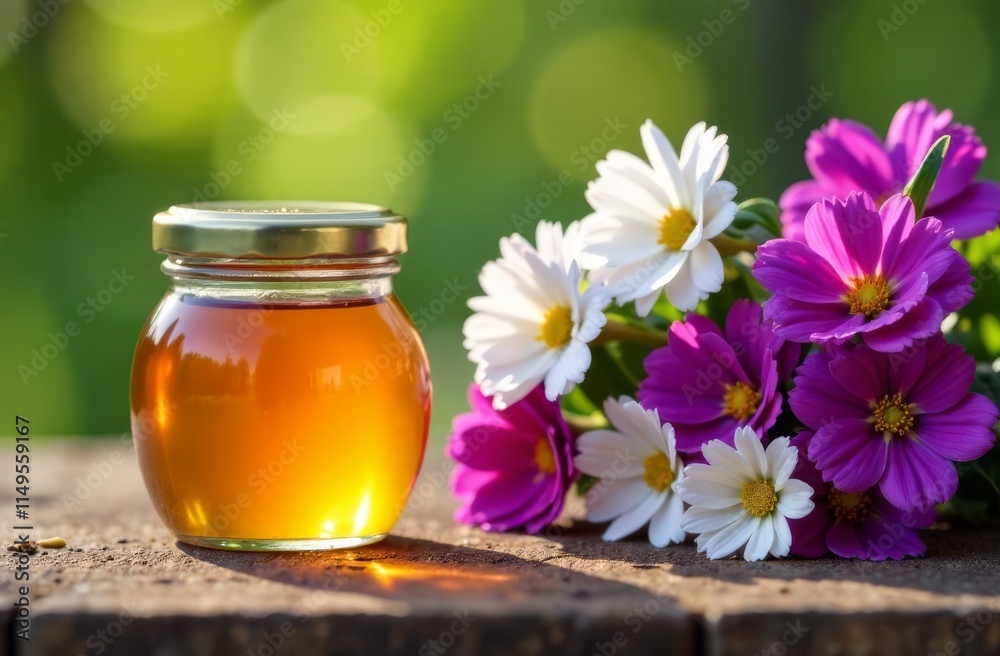 A jar of honey sits atop a weathered wooden table Nearby, a vibrant bouquet of purple and white flowers blooms A jar of honey sits atop a weathered wooden table Nearby, a vibrant bouquet of purple and white flowers blooms