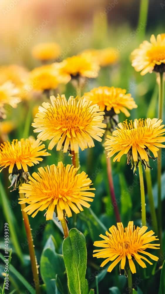 Bright yellow dandelions blooming in a vibrant green meadow during springtime Bright yellow dandelions blooming in a vibrant green meadow during springtime