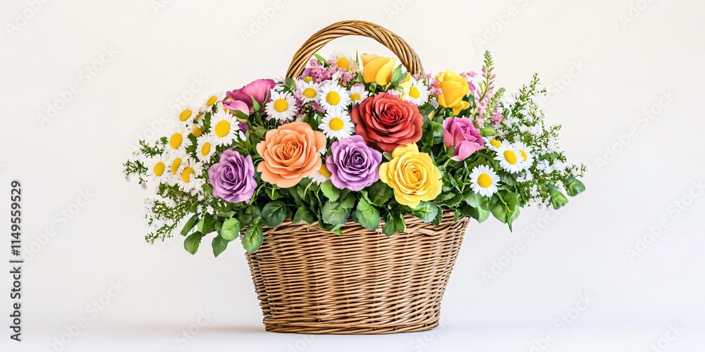 Vibrant Spring Flowers in Wicker Basket Bouquet