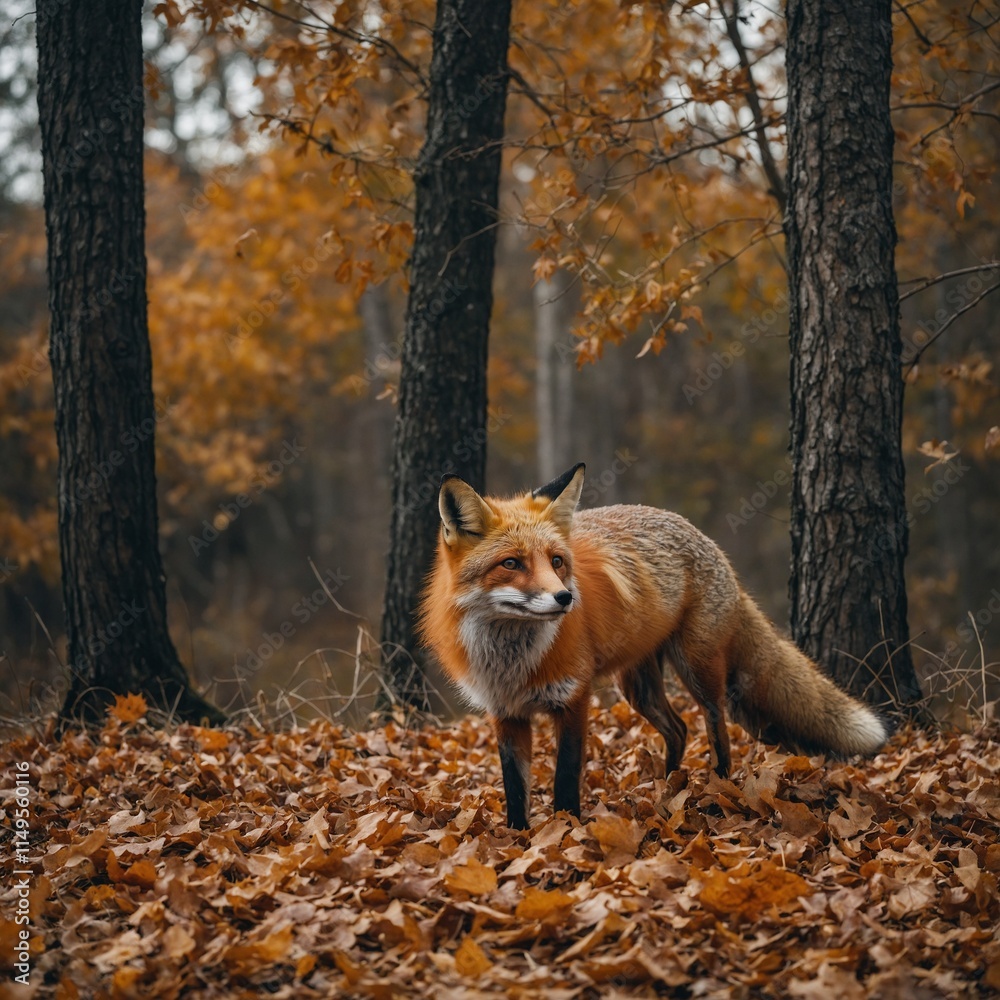 Obraz premium A playful red fox in an autumn forest, surrounded by falling leaves.