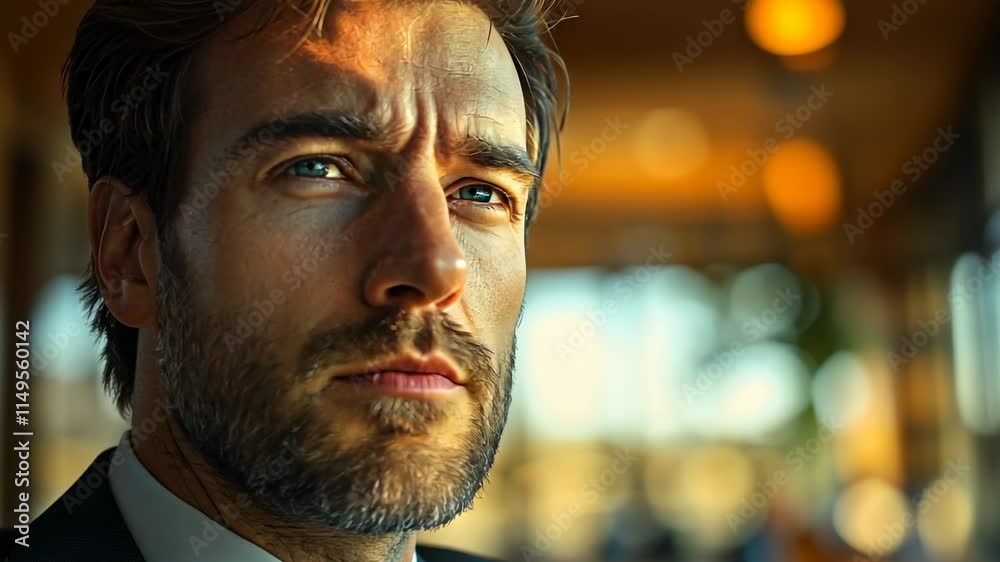 Thoughtful businessman in formal suit contemplating in modern office Thoughtful businessman in formal suit contemplating in modern office