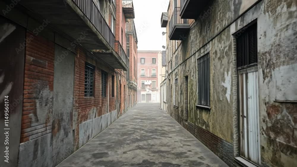 Narrow alleyway lined with aged buildings in a quiet urban setting on a foggy morning Narrow alleyway lined with aged buildings in a quiet urban setting on a foggy morning