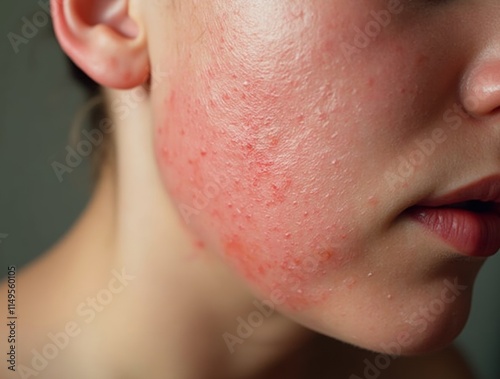 Close-up of irritated red skin showing inflammation and dryness, providing a clear depiction of skin irritation with detailed texture. photo